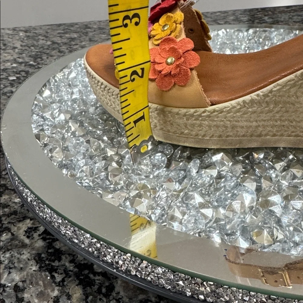 Italian made Floral Embellished leather Wedge natural Sandals EUC 7.5